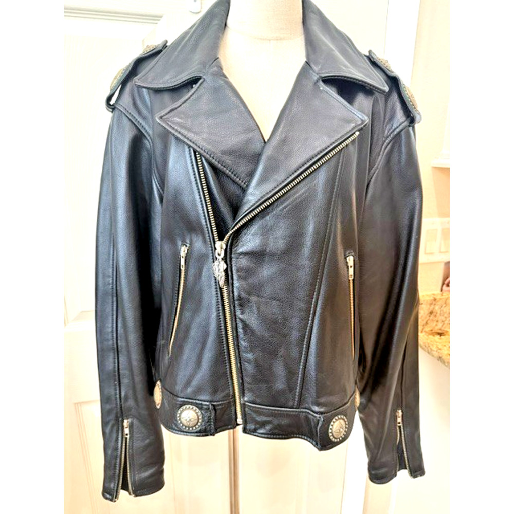 Harley Davidson Black Leather Hacienda Jacket w/Medallions Mens Large Excellent